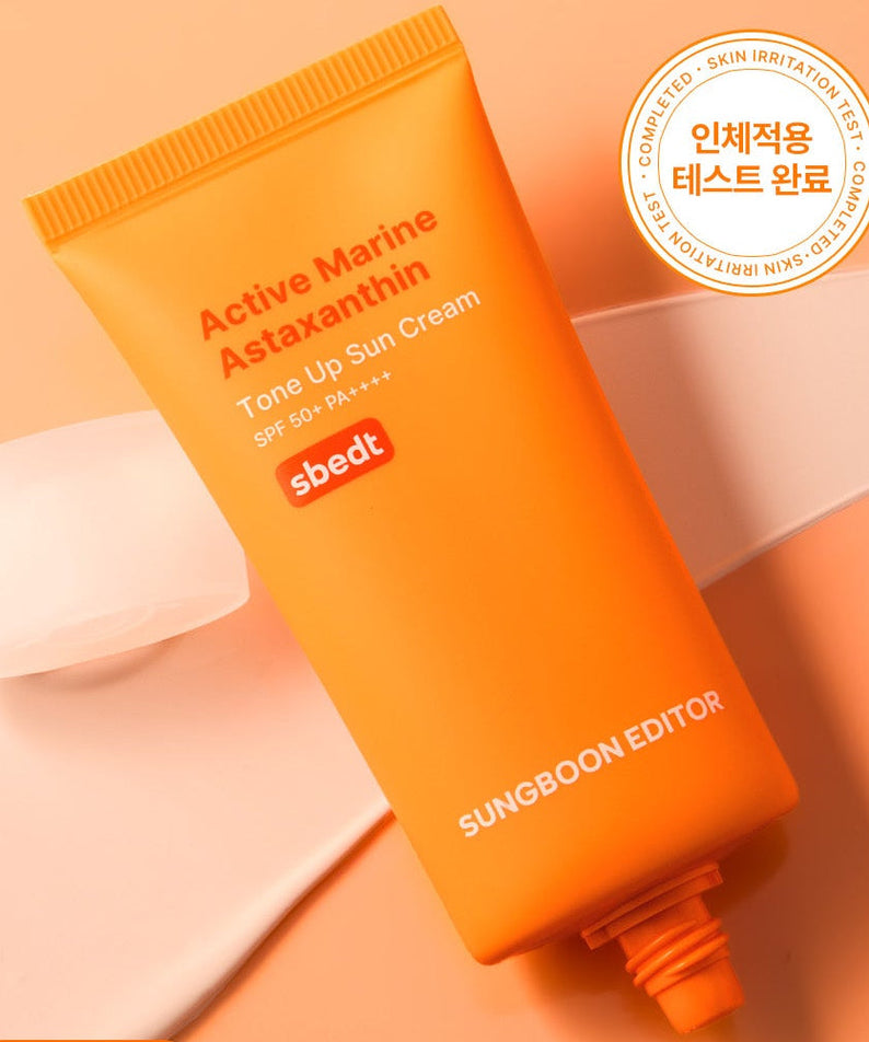 SUNGBOON EDITOR Active Marine Astaxanthin Tone-up Sunscreen 50g product image on a peach background
