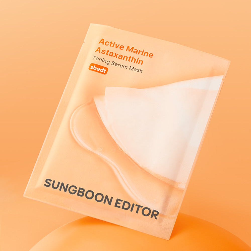 SUNGBOON EDITOR Active Marine Asxatanthin Toning Serum Mask 10 Sheets packaging on orange background.
