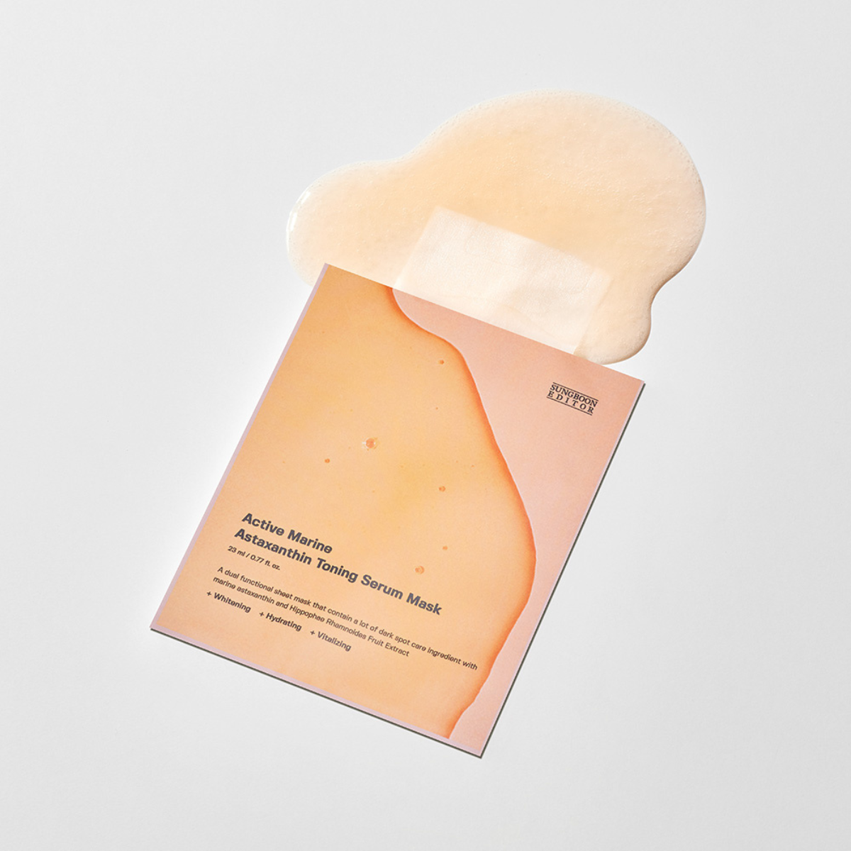 SUNGBOON EDITOR Active Marine Asxatanthin Toning Serum Mask 10 Sheets displayed on a white background with serum spilling out