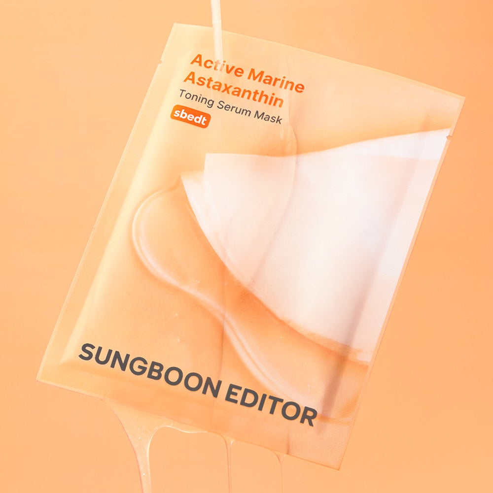 SUNGBOON EDITOR Active Marine Asxatanthin Toning Serum Mask 10 Sheets packaging on an orange background.