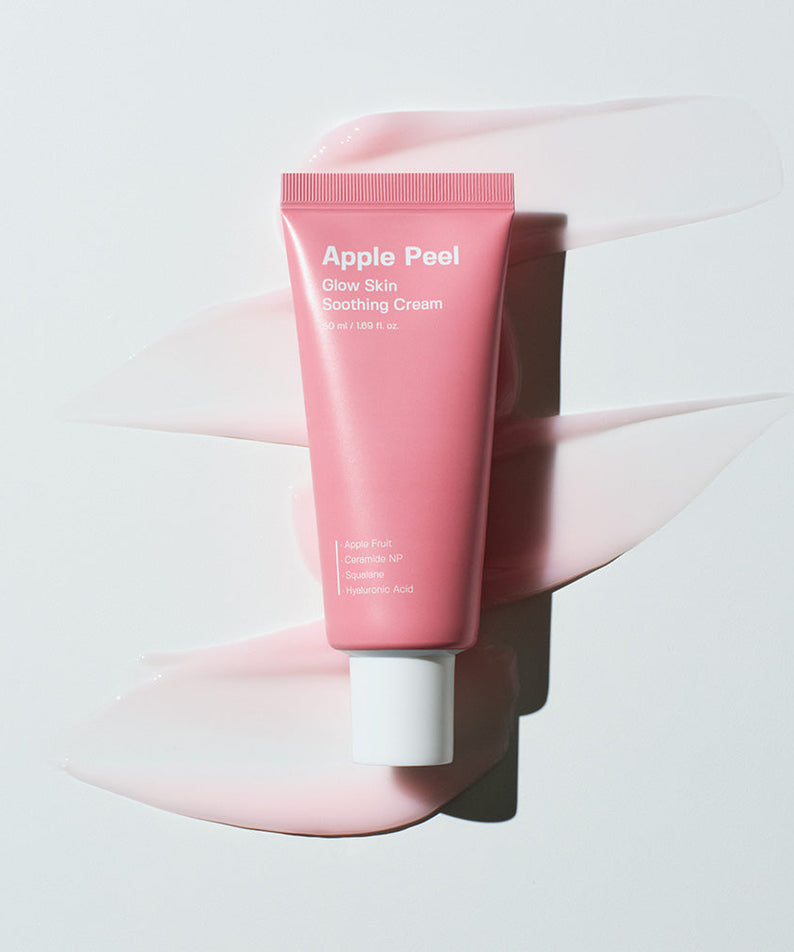 SUNGBOON EDITOR Apple Peel Glow Skin Soothing Cream 50ml on a light background with cream swatches.