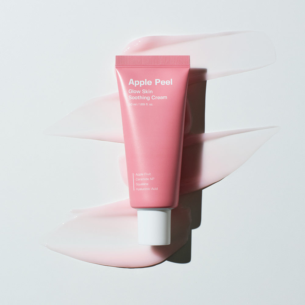 SUNGBOON EDITOR Apple Peel Glow Skin Soothing Cream 50ml on a light background with cream swatches.