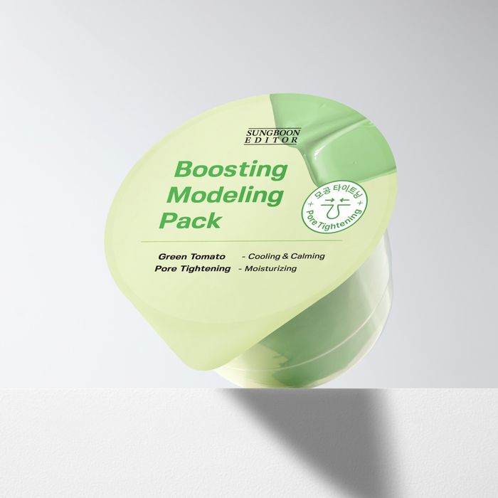 SUNGBOON EDITOR Boosting Modeling Pack Green Tomato Pore Tightening product image with cooling, calming, and moisturizing benefits.