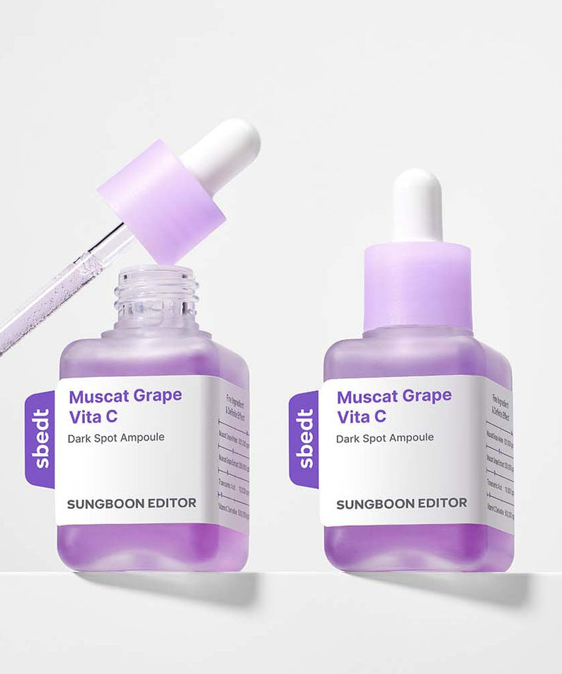 SUNGBOON EDITOR Grape Vita C Dark Spot Whitening Ampoule 40ml, featuring Muscat Grape Vita C formula for glowing skin.
