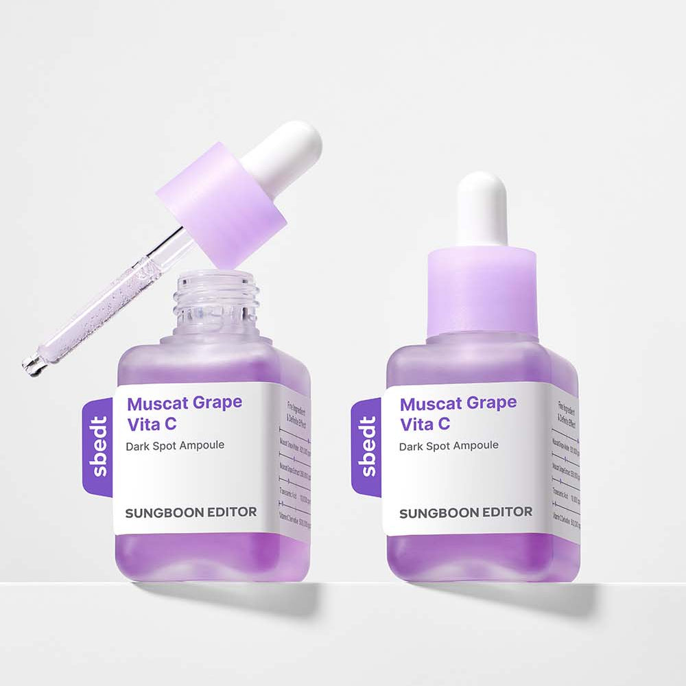 SUNGBOON EDITOR Grape Vita C Dark Spot Whitening Ampoule 40ml, featuring Muscat Grape Vita C formula for glowing skin.