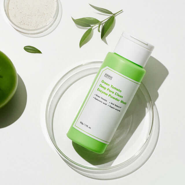 SUNGBOON EDITOR Green Tomato Deep Pore Clean Enzyme Powder Wash 50g bottle on white background with green leaves