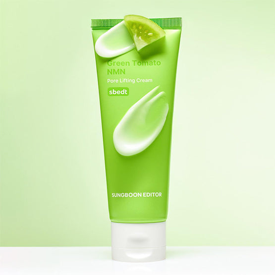 SUNGBOON EDITOR Green Tomato NMN Pore Lifting Cream 50ml in green tube with slices of green tomato on a light green background