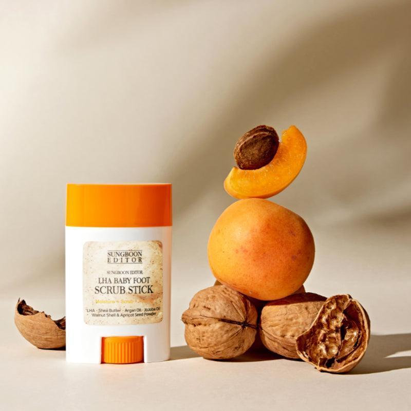 SUNGBOON EDITOR Laha Baby Foot Scrub Stick with peach and walnut, exfoliating skincare product display