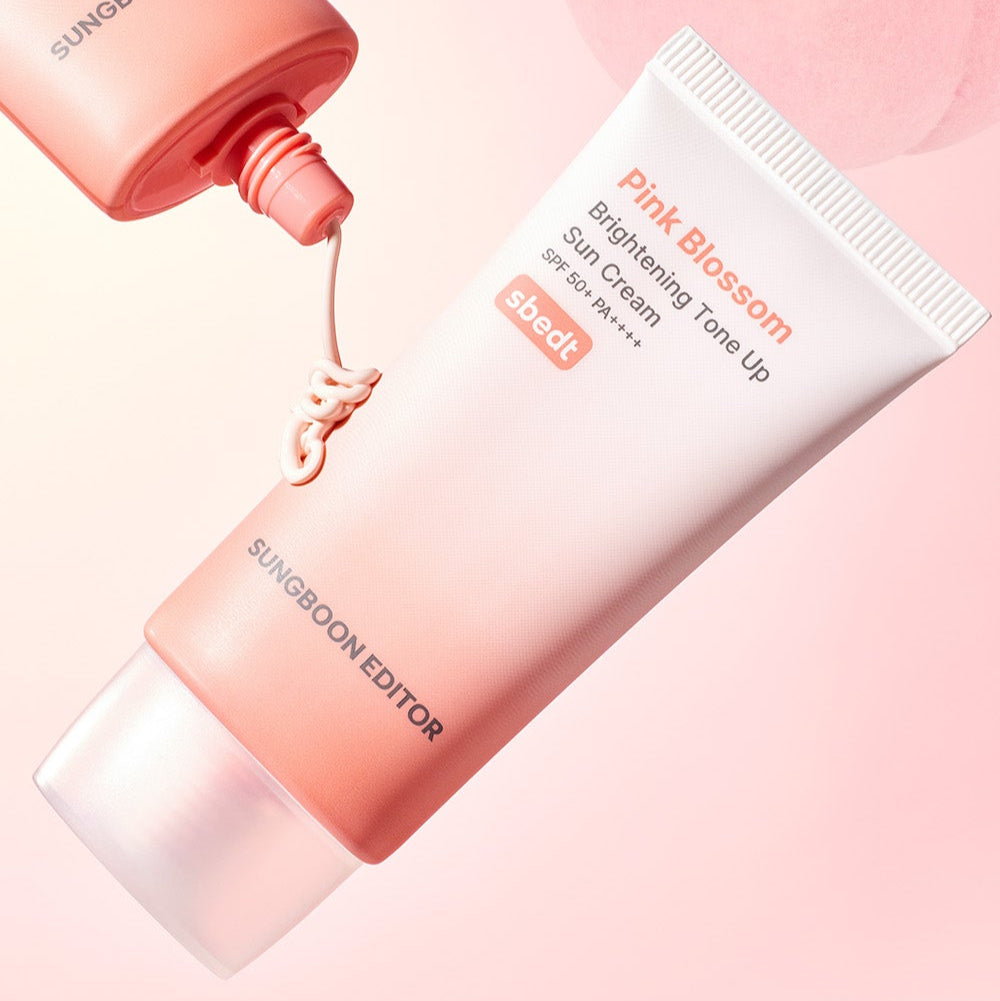 SUNGBOON EDITOR Pink Blossom Brightening Tone-Up Sunscream 50ml skincare product with a pastel pink gradient design.