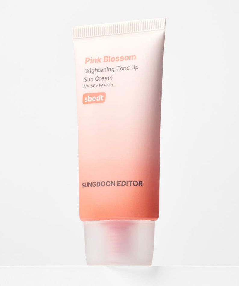 SUNGBOON EDITOR Pink Blossom Brightening Tone-Up Sunscream 50ml with SPF 50, PA++++ in a sleek pink tube for radiant skin protection.