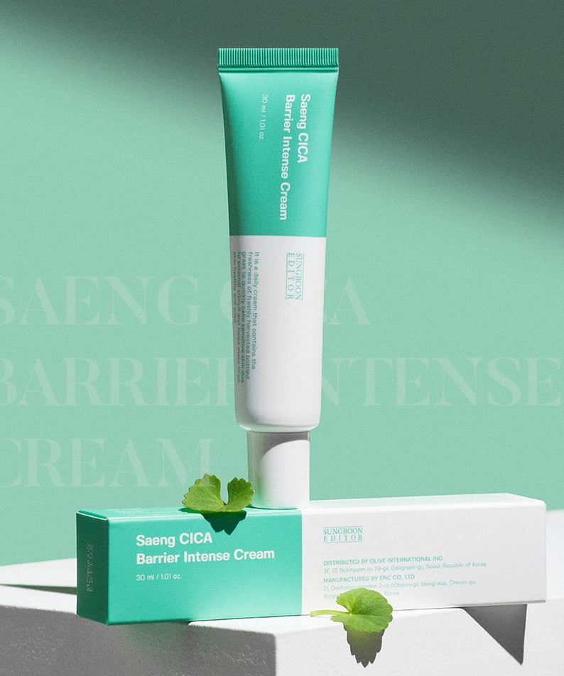 SUNGBOON EDITOR Saeng Cica Barrier Intensive Cream 30ml tube and box with natural leaves