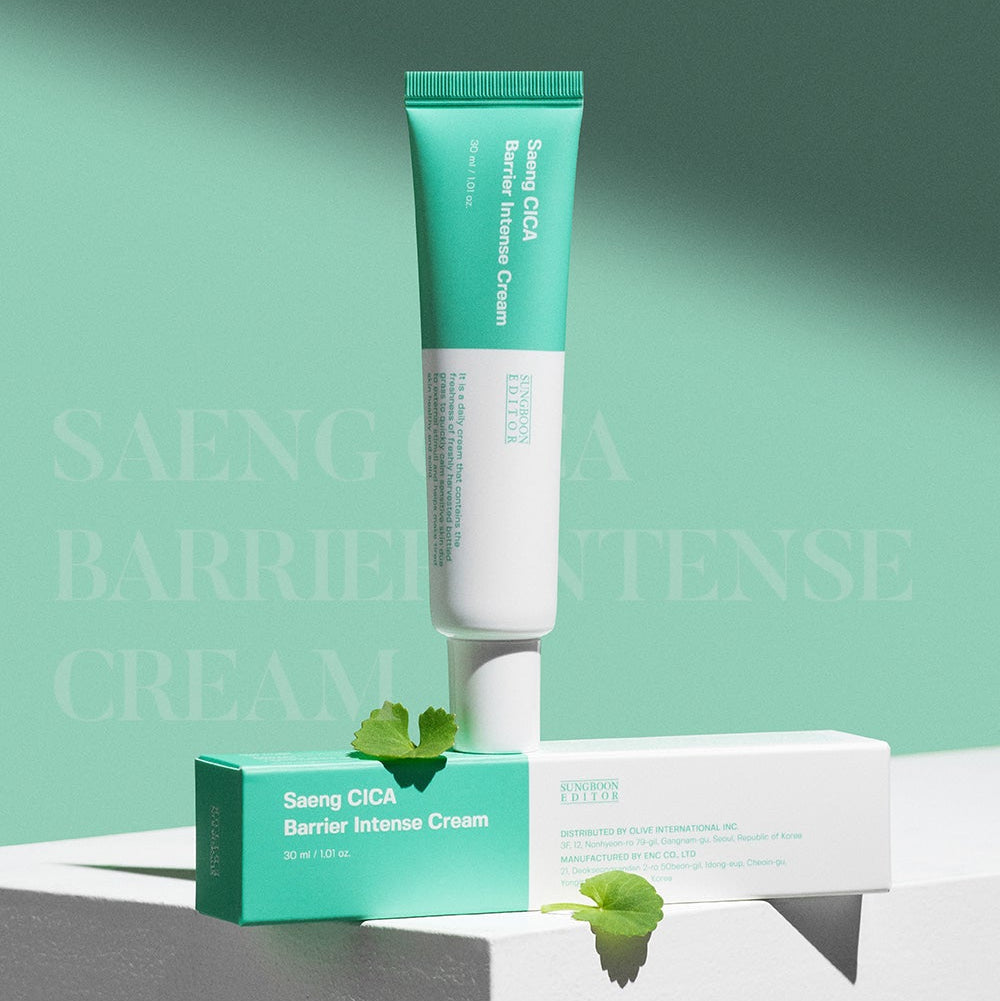 SUNGBOON EDITOR Saeng Cica Barrier Intensive Cream 30ml tube and box with natural leaves