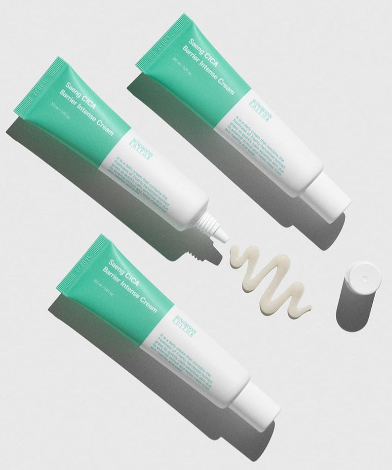 SUNGBOON EDITOR Saeng Cica Barrier Intensive Cream 30ml tubes with cream swatch on surface