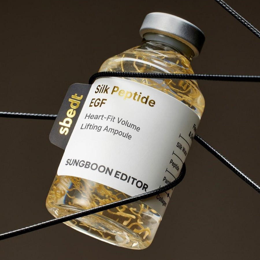 SUNGBOON EDITOR Silk Peptide EGF Heart-Fit Volume Lifting Ampoule 40ml displayed against a dark background.