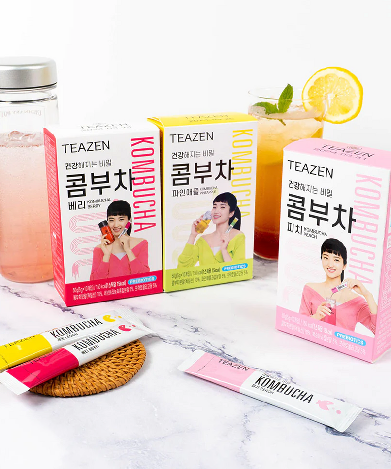 TEAZEN Kombucha Set with berry, lemon, and peach flavors in powder form for digestive health.