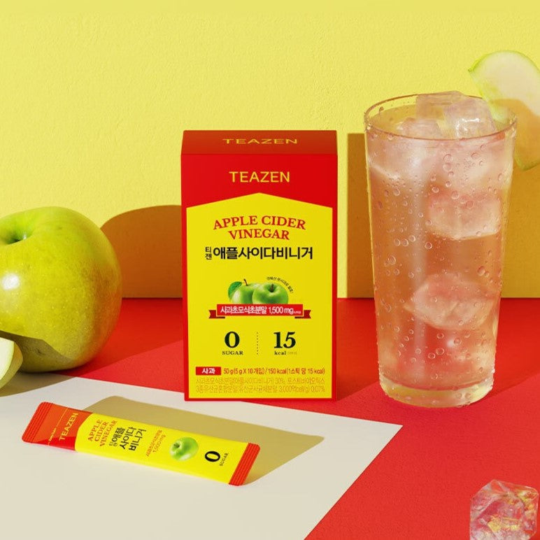 TEAZEN Apple Cider Vinegar 10 Sticks box displayed with green apple and ice-cold drink on colorful background.