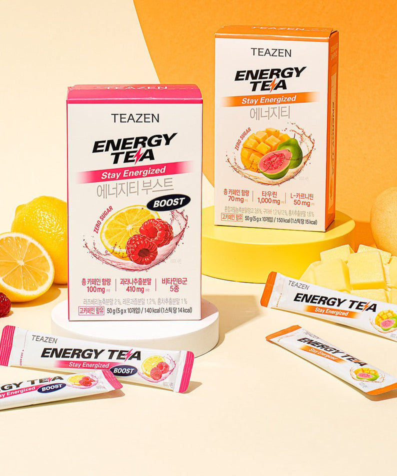 TEAZEN Energy Tea Boost 10 Sticks with fruit flavor varieties displayed with packaging and ingredients for vibrant energy boost.