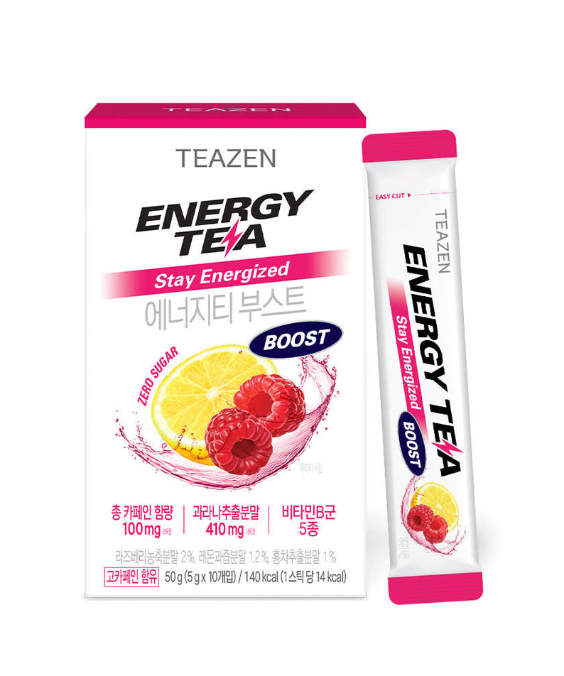 TEAZEN Energy Tea Boost 10 Sticks packaging with a single stick and fruit illustration on the box.