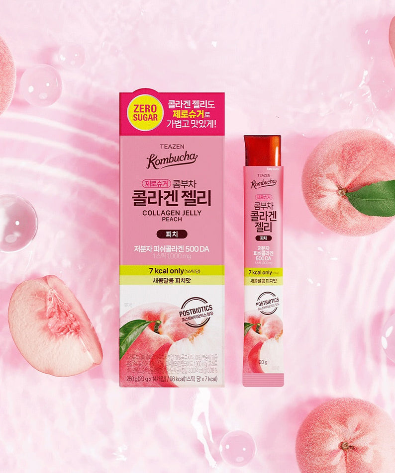 TEAZEN Kombucha Collagen Jelly Peach 14 Sticks packaging with peach slices and pink background
