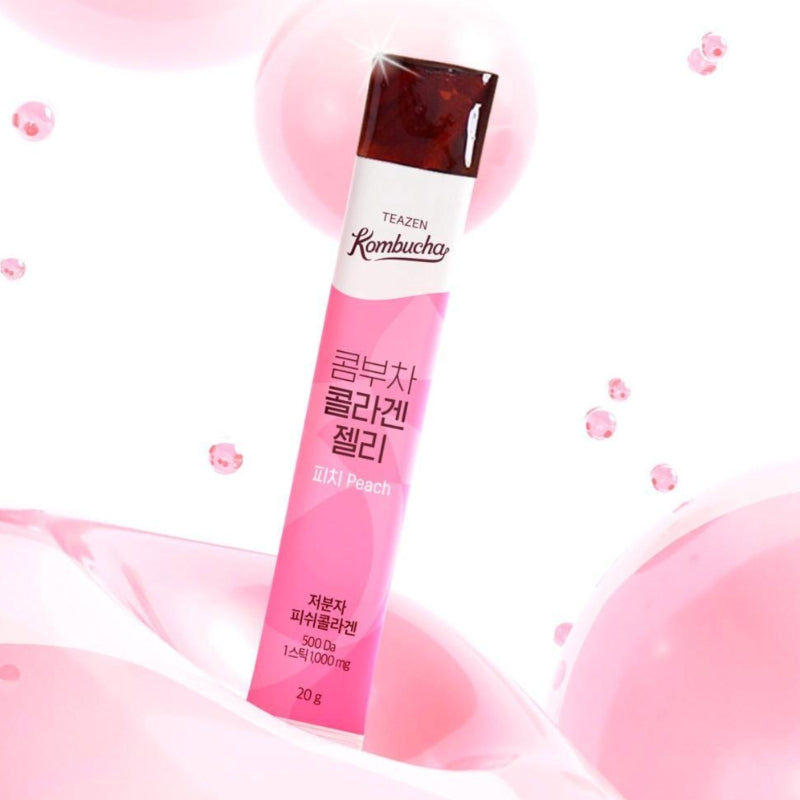 TEAZEN Kombucha Collagen Jelly Peach 14 Sticks in pink packaging, showcasing refreshing peach flavor, against a light pink background.