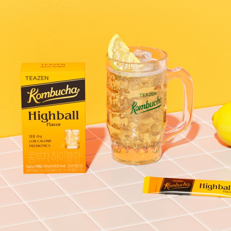 TEAZEN Kombucha Highball Flavor 10 Sticks with lemon drink and packaging display