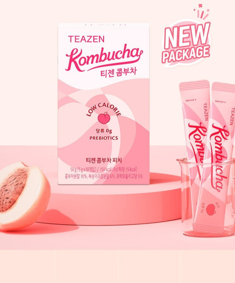 TEAZEN Kombucha Peach 10 Sticks packaging with peach flavor and new package design