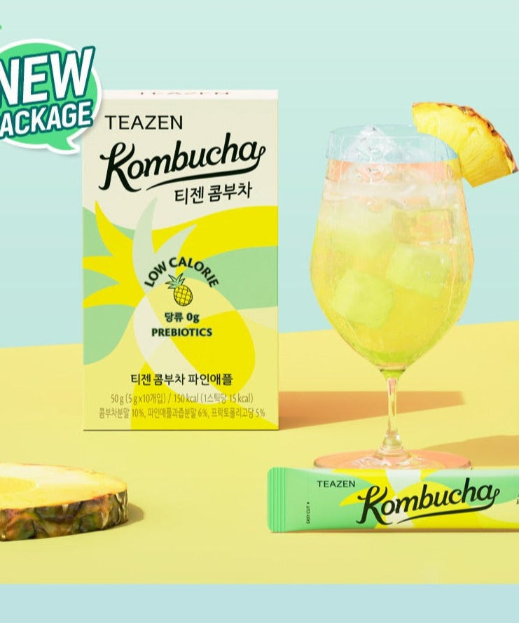 TEAZEN Kombucha Pineapple 10 Sticks with refreshing drink and packaging, low calorie prebiotic beverage.