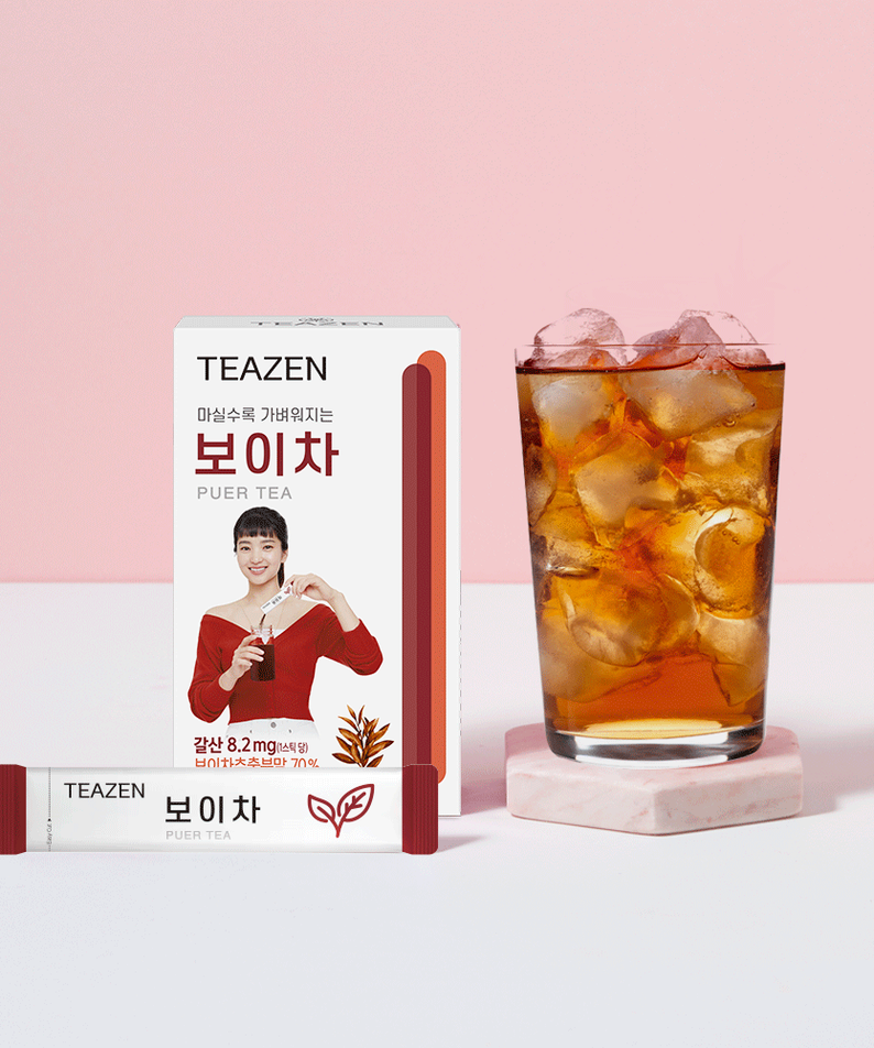 TEAZEN Puer Tea 10 Sticks packaging and iced tea display