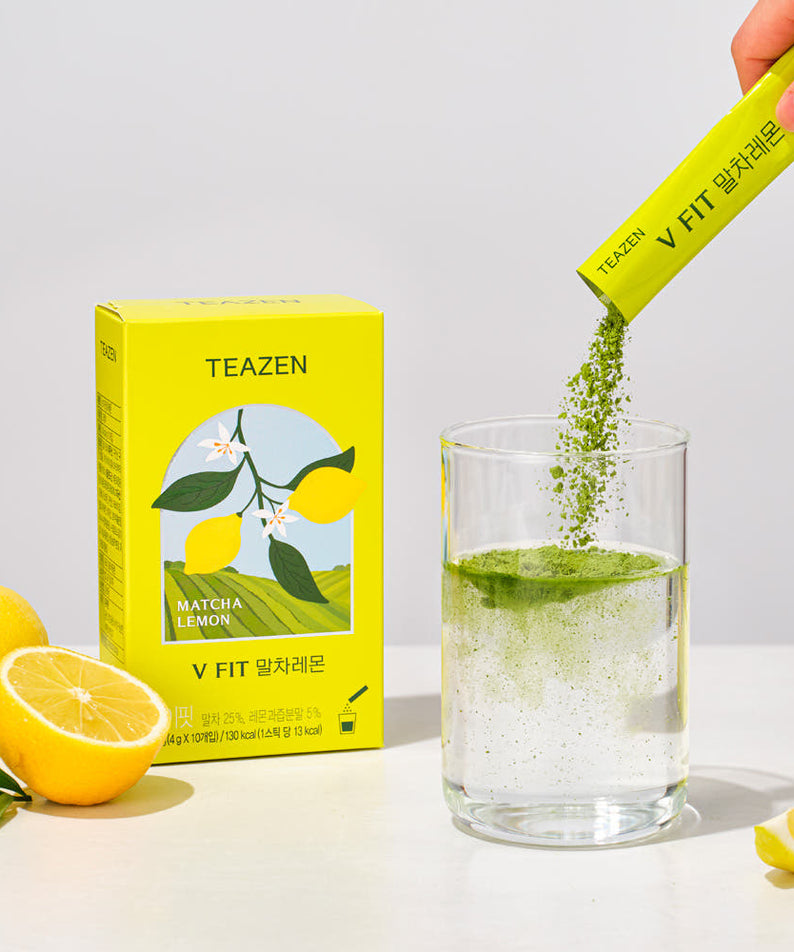 TEAZEN V-Fit Matcha Lemon 10 Sticks being poured into a glass