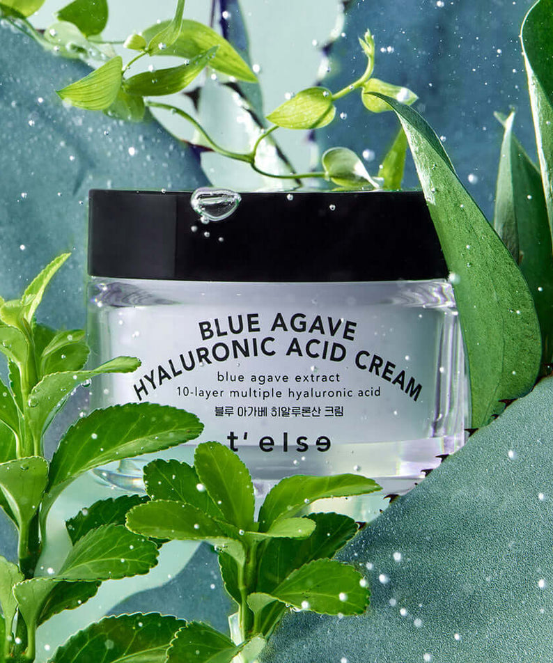 T'ELSE Blue Agave Hyaluronic Acid Cream 50ml with lush green leaves background