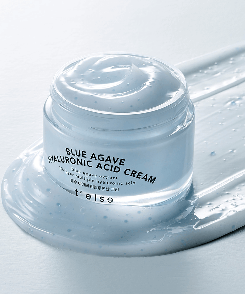 T'ELSE Blue Agave Hyaluronic Acid Cream 50ml in a jar on a white background with cream texture.