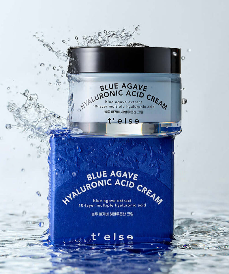 T'ELSE Blue Agave Hyaluronic Acid Cream 50ml displayed with water splashes, showcasing the moisturizer jar and box.