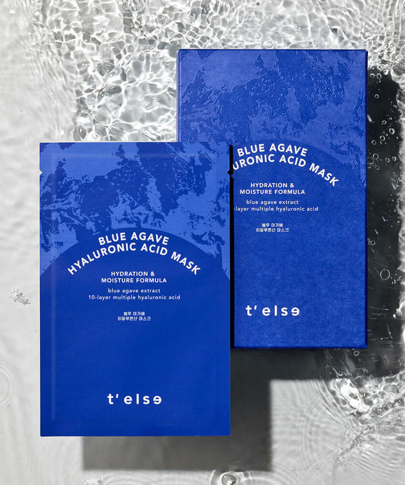 T'ELSE Blue Agave Hyaluronic Acid Mask 5 Pack displayed on a watery surface, showcasing hydration and moisture formula packaging.