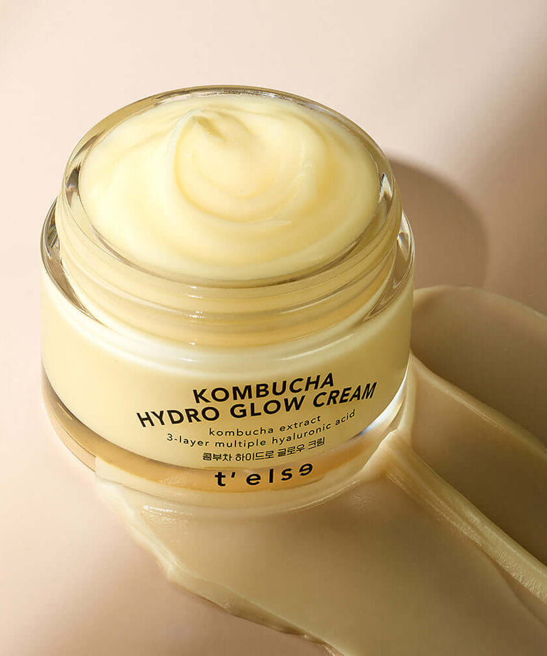 Jar of T'ELSE Kombucha Hydro Glow Cream 50ml with a creamy texture on a light background
