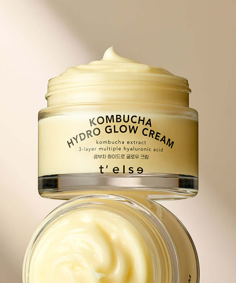 T'ELSE Kombucha Hydro Glow Cream 50ml in an open jar showcasing smooth cream texture