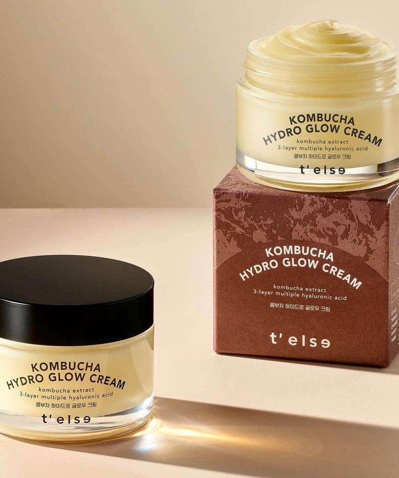 T'ELSE Kombucha Hydro Glow Cream 50ml jar on box showcasing skincare product