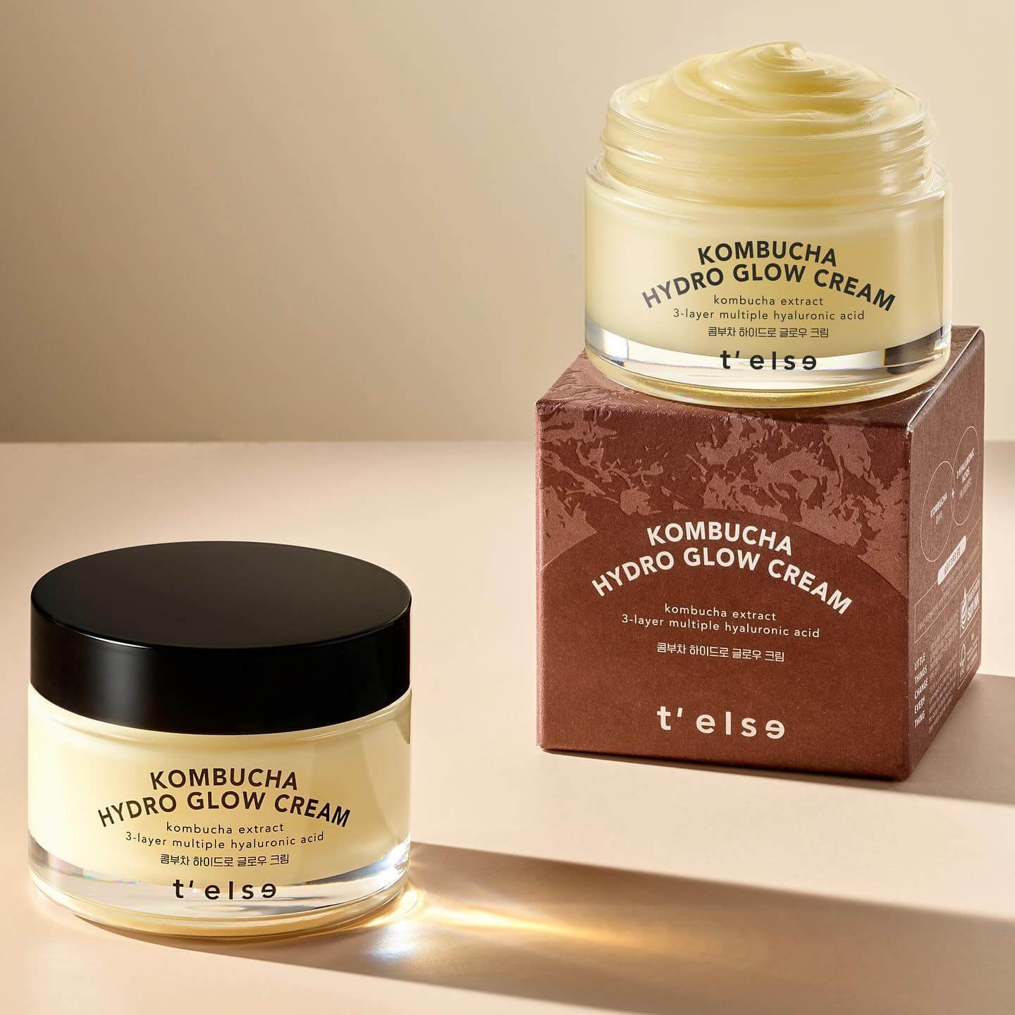 T'ELSE Kombucha Hydro Glow Cream 50ml jar on box showcasing skincare product