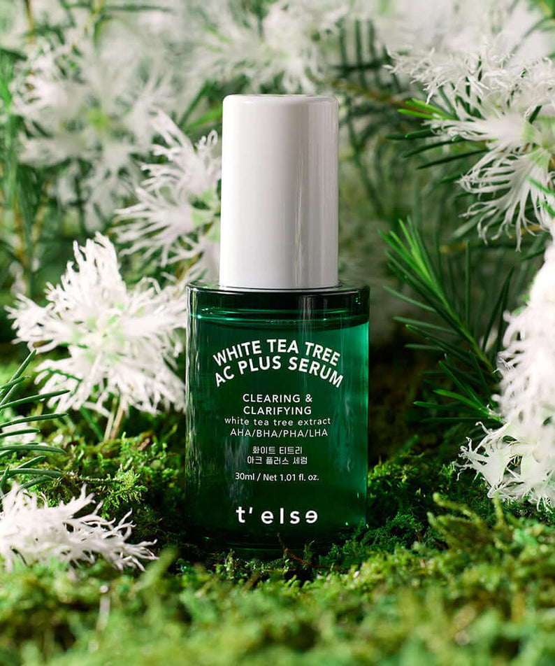 T'ELSE WHite Tea Tree Arc Plus Serum 30ml bottle in a botanical setting