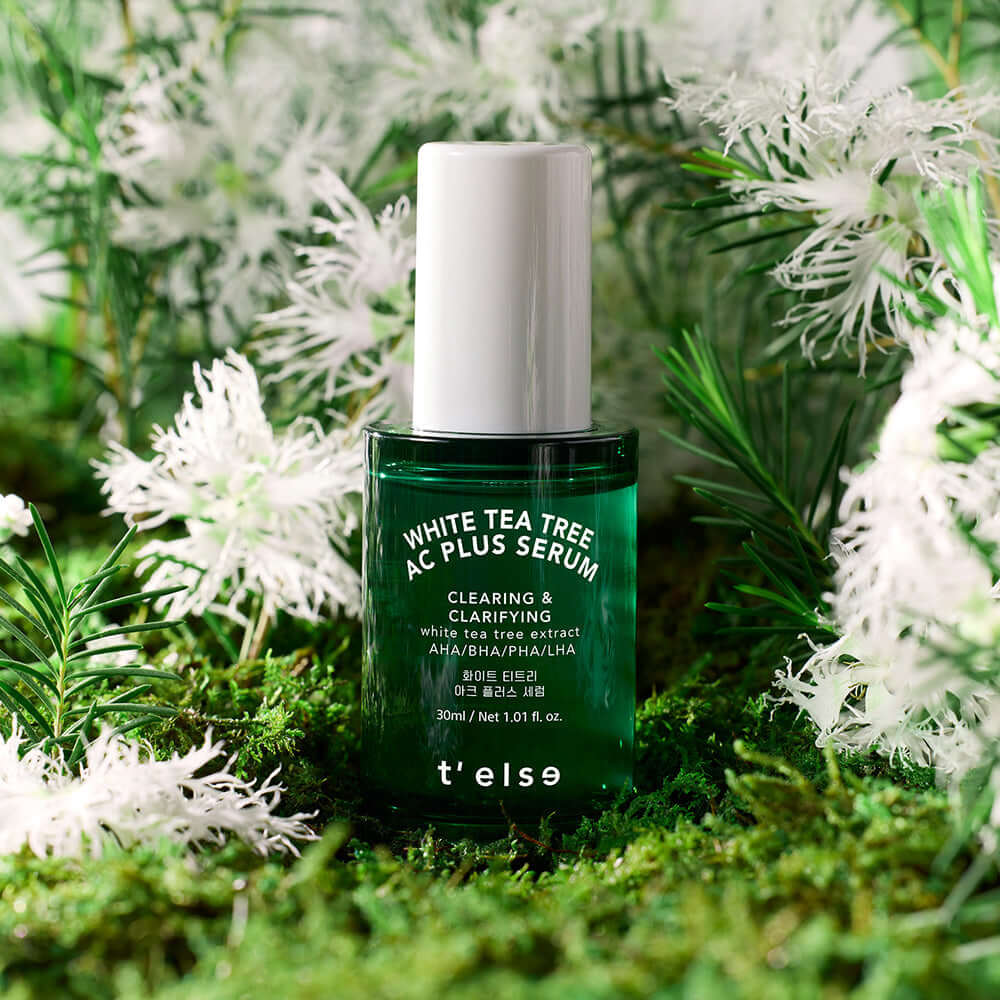 T'ELSE WHite Tea Tree Arc Plus Serum 30ml bottle in a botanical setting