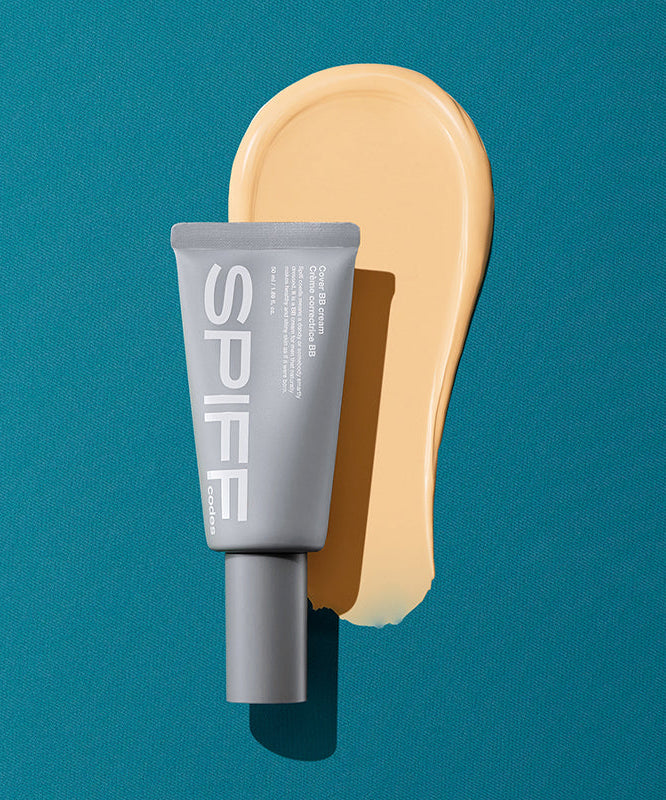 THE FACE SHOP Speed Code Cover BB Cream 50ml product shot for Gentleman Korea, gray tube on teal background with cream swatch