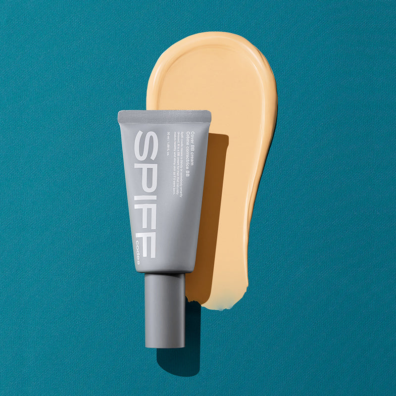 THE FACE SHOP Speed Code Cover BB Cream 50ml product shot for Gentleman Korea, gray tube on teal background with cream swatch