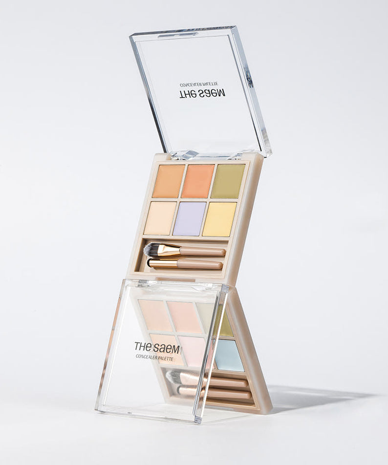 THE SAEM Cover Perfection Concealer Palette showing multiple concealer shades in a compact with brushes, ideal for flawless coverage.