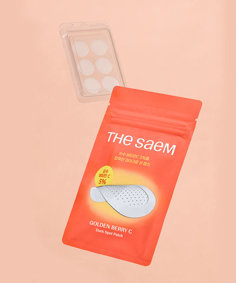 THE SAEM Golden Berry C Dark Spot Patch packaging on a peach background
