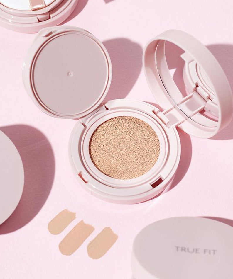 THE SAEM True Fit Glow Cushion in open compact case on a pink background