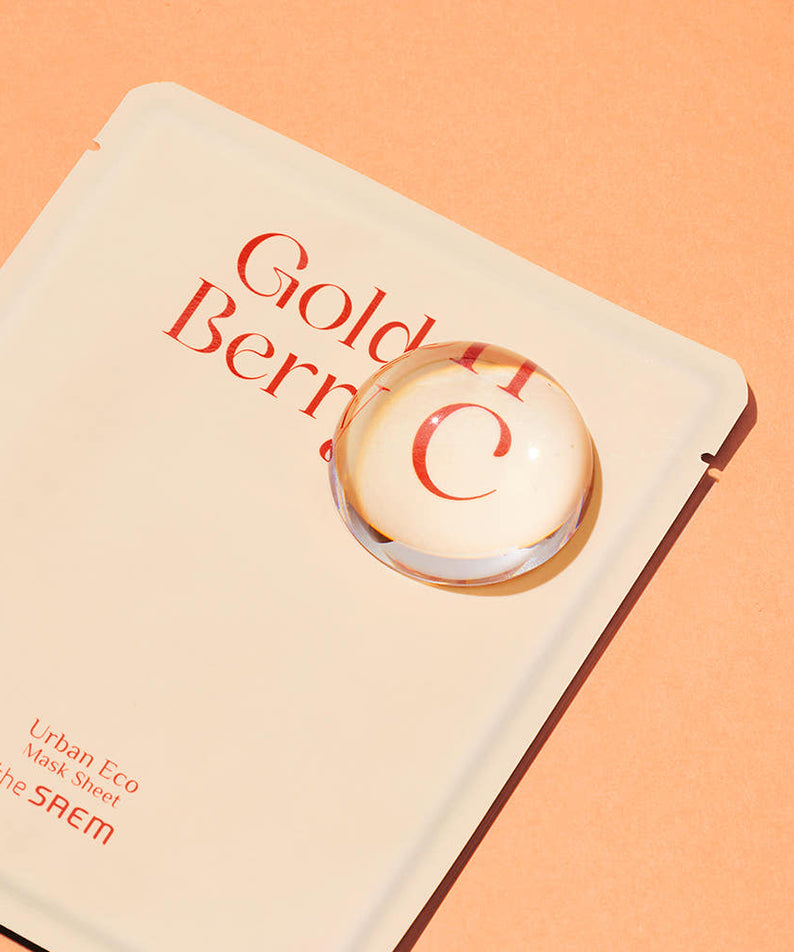 THE SAEM Urban Eco Golden Berry C Mask Sheets 10 Sheets packaging on orange background.