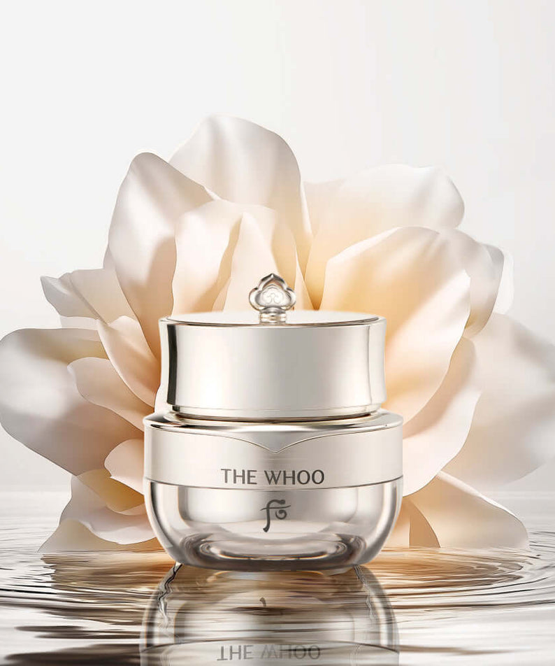THE WHOO Cheongidan Hwahyun Radiance Eye Cream 20ml in elegant packaging with flower background