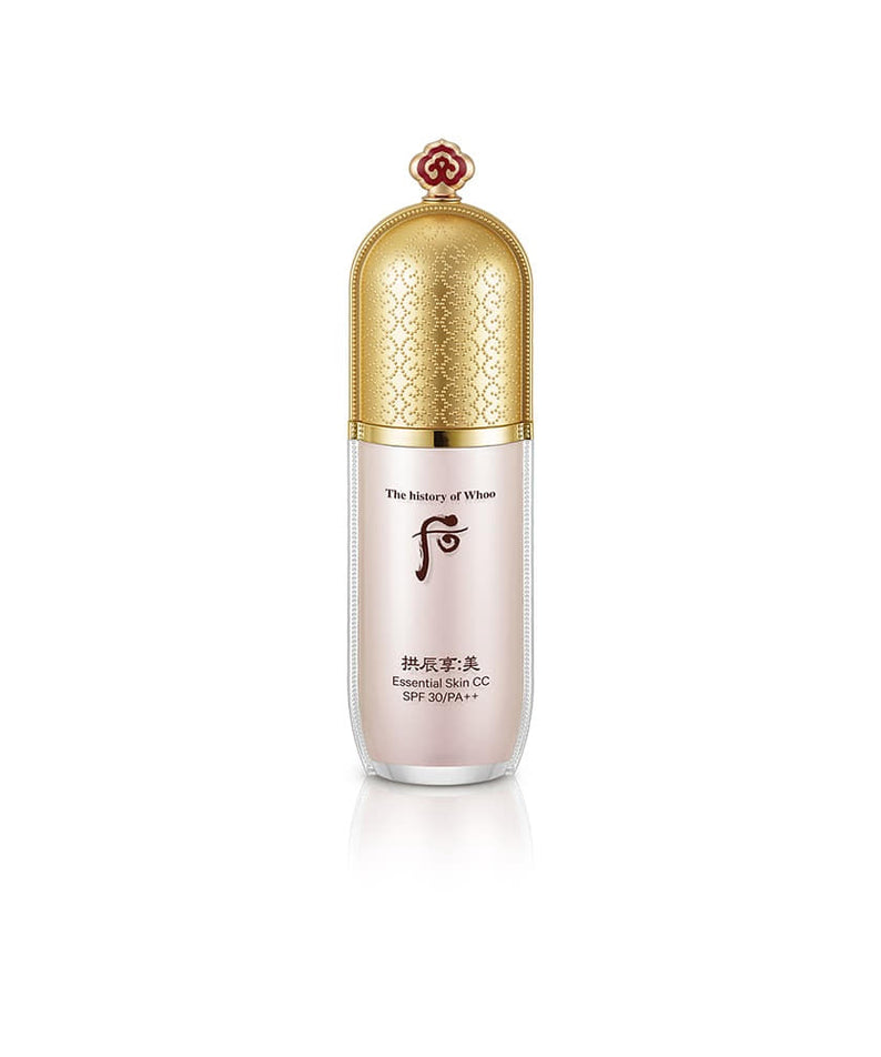 THE WHOO Gong Jin Hyang Mi Essential Skin CC 40ml bottle with golden cap and elegant packaging.