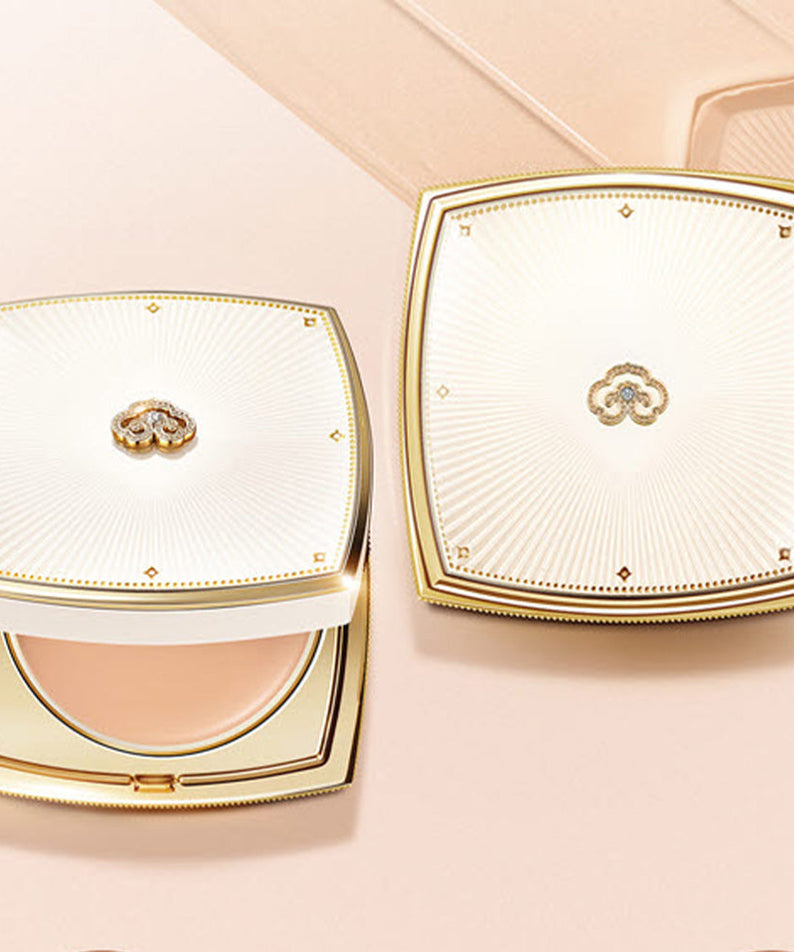 THE WHOO Gong Jin Hyang Mi Velvet Foundation Pact compact case with gold detailing on a beige background.