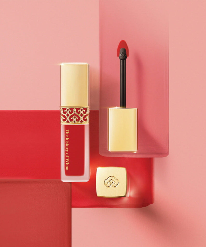 THE WHOO Gong Jin Hyang Mi Velvet Liquid Lip Rouge displayed on pink background