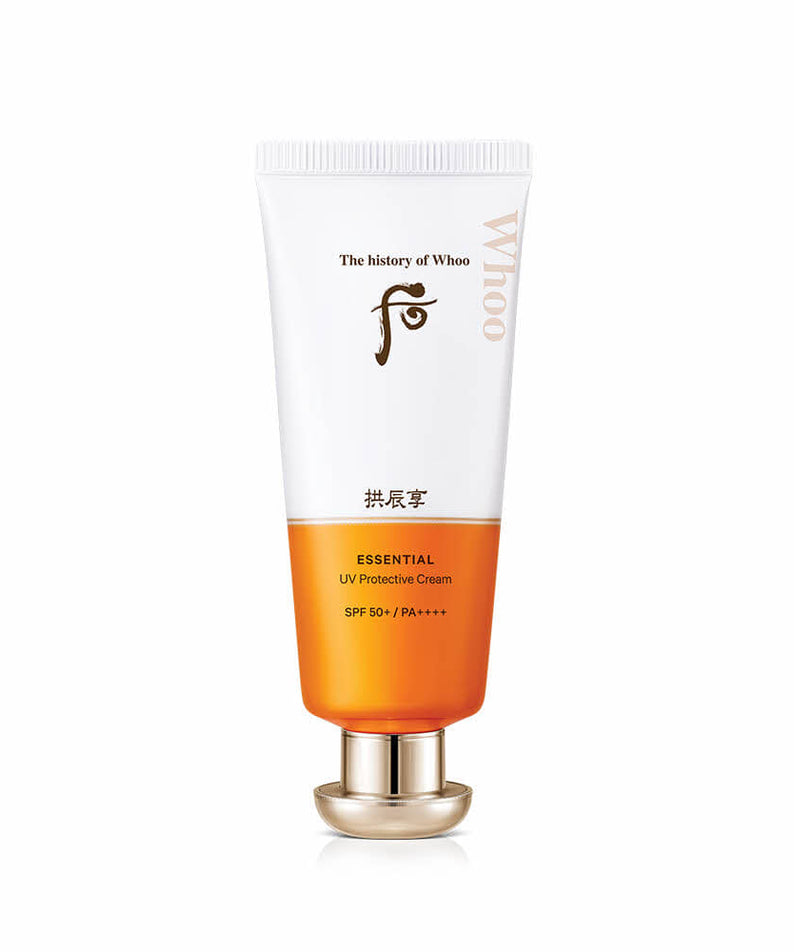 THE WHOO Gonginhyang Essentaill UV Protein Cream SPF50+PA++++ 60ml tube with orange and white design on white background